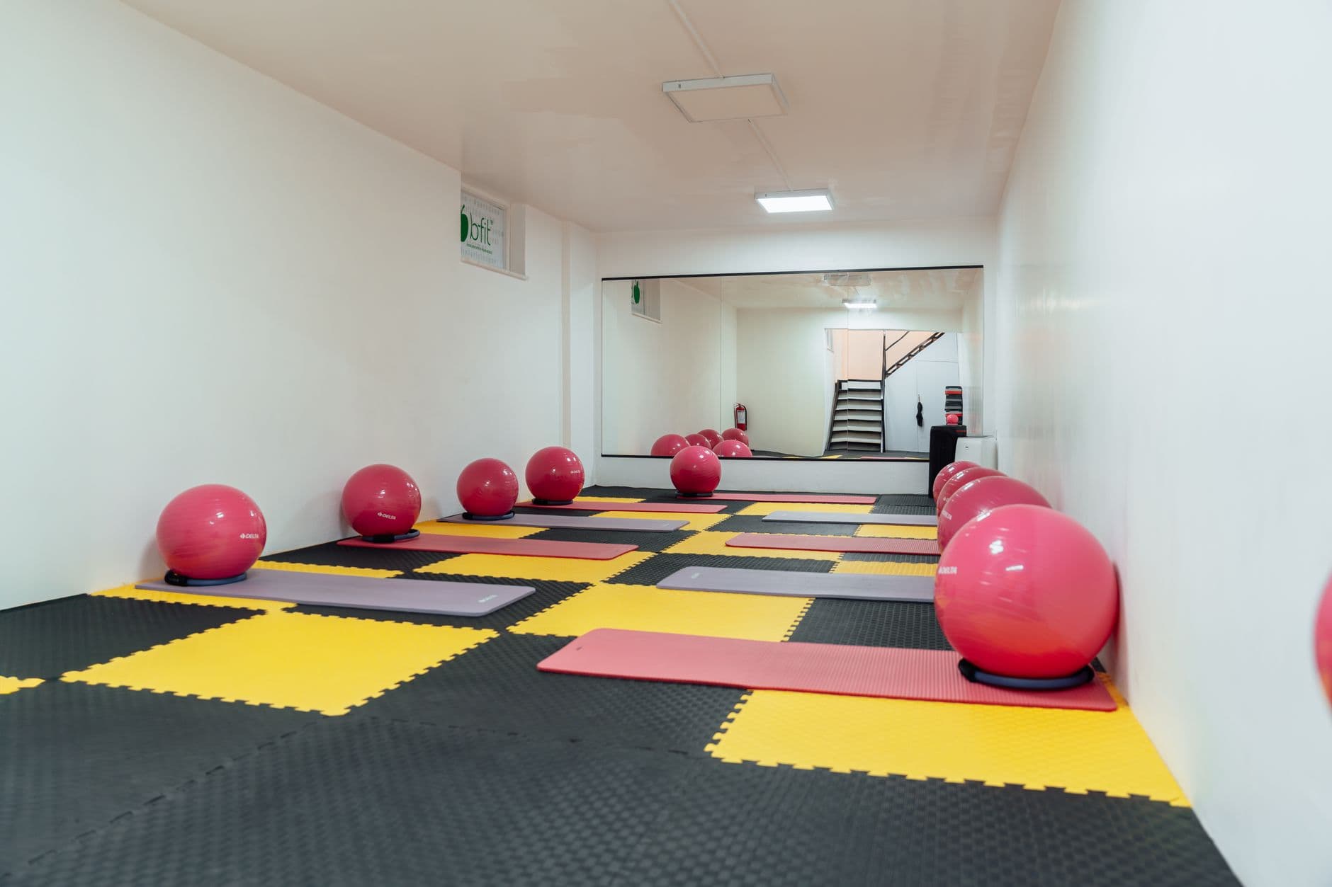 Exercise balls on stands in a bright studio