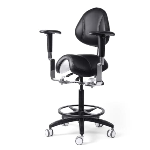 JMU Dental Saddle Stool with Back and Dual Swing-Out Armrests