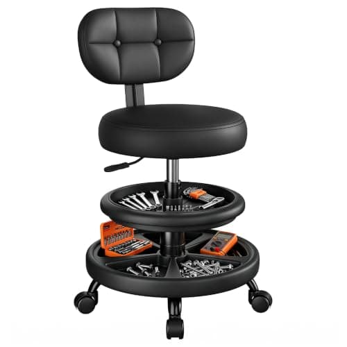 BestGlory T02 Rolling Shop Stool with Backrest